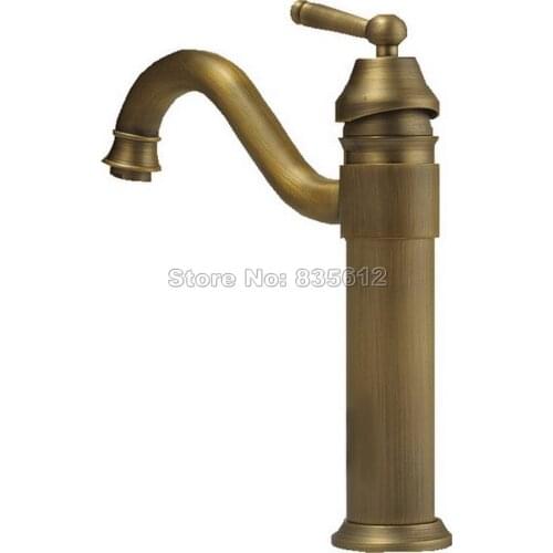 Bathroom Sink Basin Single Hole Single Handle Faucet Deck Mounted Antique Brass 360 Swivel Spout Vessel Sink Mixer Taps Wnf018