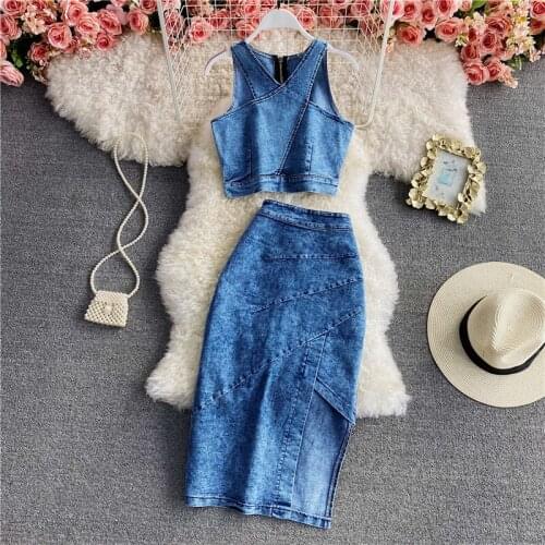 Spring new slim zipper short denim camisole two-piece suit irregular split hip skirt skirt 2021 new