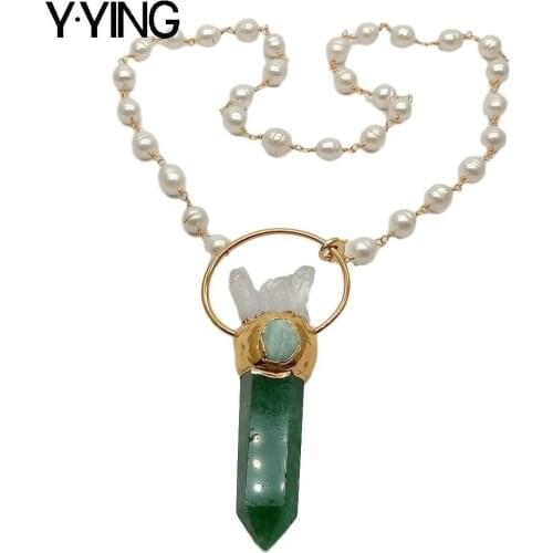 Y·YING natural Green Muscovite Point White Quartzs Raw Pendant necklace White Rice Pearl sweater Chain Necklace
