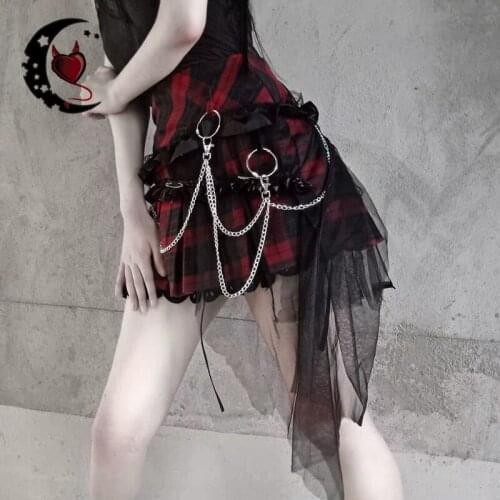 Punk Rock Red Plaid Skirts Lace Mesh Stitching Metal Chain Gothic Mini Skirt Chic Streetwear
