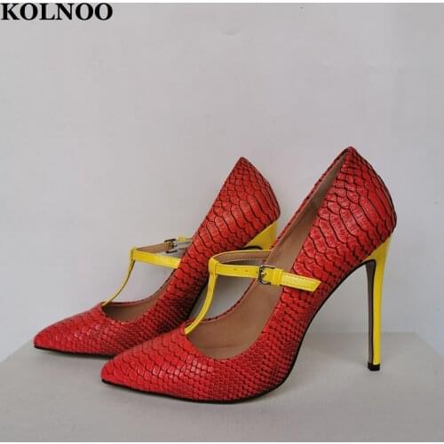 Kolnoo New 2022 Handmade Ladies High Heels Pumps Faux-Leather T-Strap Mary Janes Party Office Large Size Evening Fashion Shoes
