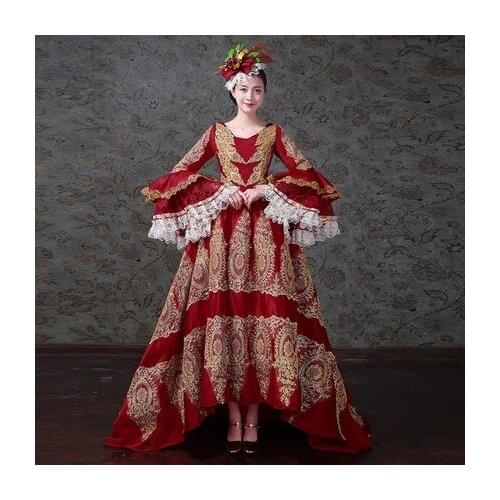 100%real red golden embroidery flare sleeve dance stage cosplay ball gown studio ball gown medieval dress/victoria belle ball