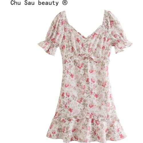 2021 Summer New Chic Hot Sale Sweet Floral Print Sexy V-Neck Puff Sleeve Ruffled Mini Dress Female Zipper Vestido Fashion
