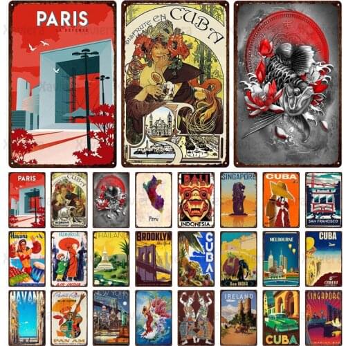 Abstract City Metal Tin Sign Landscape Poster Iron Plaque Cuba India Havana Singapore Decor For Bar Club Home Livingroom WallArt