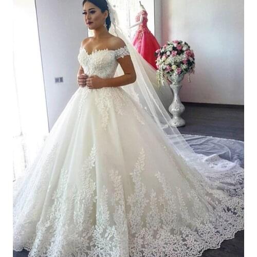 White Wedding Dresses 2020 Ball Gown Off Shoulder Sweetheart Beads Applique Lace Long Bride Bridal Gown