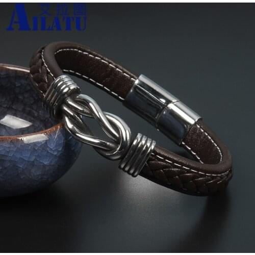 New 12*6mm Wide Genuine Leather Unique Knot Shape Men Bracelets Magnet Buckle Male Cuff Bangle Birthday Party Gift