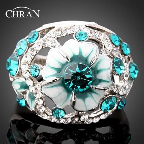 CHRAN Light Blue Crystal Enamel Flower Engagement Rings for Women Unique Silver Plated Vintage Brand Ladies Jewelry Accessories