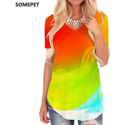 SOMEPET Colorful T Shirt Women Abstract V-neck Tshirt Pattern Shirt Print Painting Tshirts Printed Psychedelic Funny T shirts