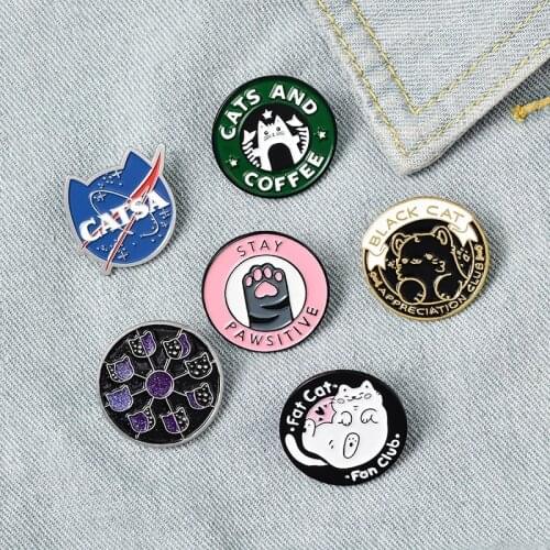 Cat Kitten Planet Moon Cafe Paw Badge Brooches Cats Club Enamel Pin Lapel pin Jeans shirt Bag Cute Animal Jewelry Gift