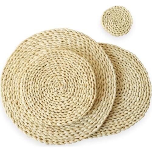 Natural Handmade Woven Placemat For Dining Table Round Mat Resistant Hot Insulation Anti-Skidding Coaster Pad Kitchen Accessorie