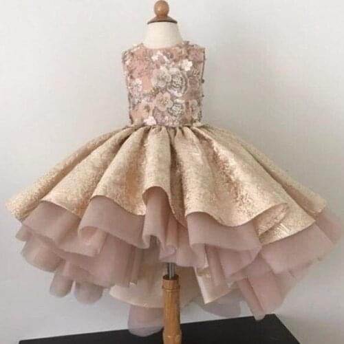 Luxury Pink Lace Applique Flower Girls Dresses Ball Gowns Luxury Girls Pageant Celebrity Gowns Birthday Party Gowns Custom