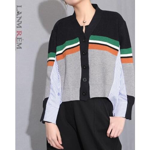 LANMREM Loose Striped Shirt Patchwork Knitted Single Breasted Tops For Women 2021 Vintage New Long Sleeve Fake Two Pieces YJ675