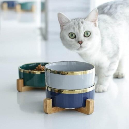 Cute Ceramic Cat Bowl Universal Pet Eating Drinking Bowl Bamboo Rack Antiskid Dog Cat Tableware Bowls Pet Supplies Rounded