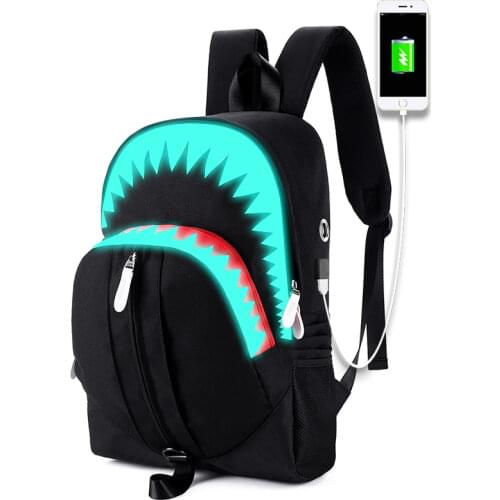 Men Fashion USB Charging Night Luminous Backpack Shark Laptop Backpack Chest Bag Teenagers School Bag Mochila Travel Bag Black