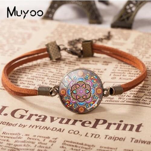2018 New Steampunk Mandala Bracelet Glass Cabochon Photo Leather Bracelets Round Hand Craft Jewelry