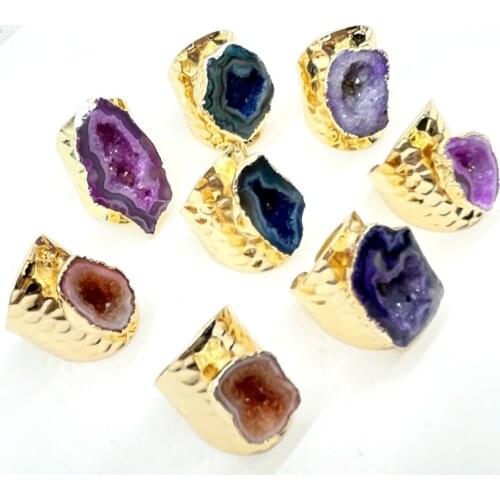 Wholesale Big Gold Rim Vintage Retro Geode Crystal Flower Agate Slice Adjust Open Ring For DIY Jewelry Making Ring Charm Gift