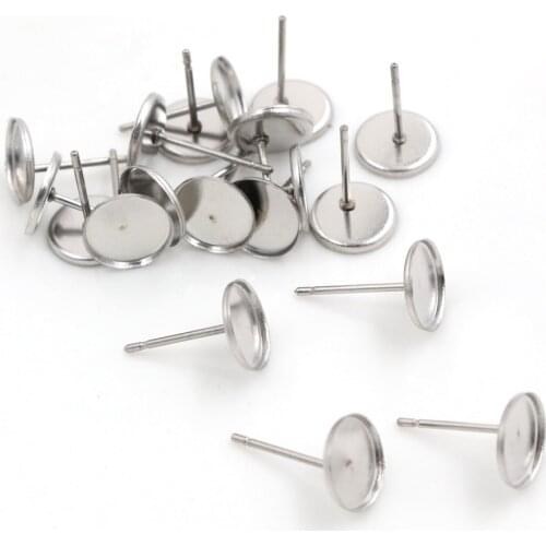 No Fade) 20pcs 8mm 10mm Stainless Steel Earring Base Studs Ear Cameo Settings Cabochon Base Tray Blank (With Back)