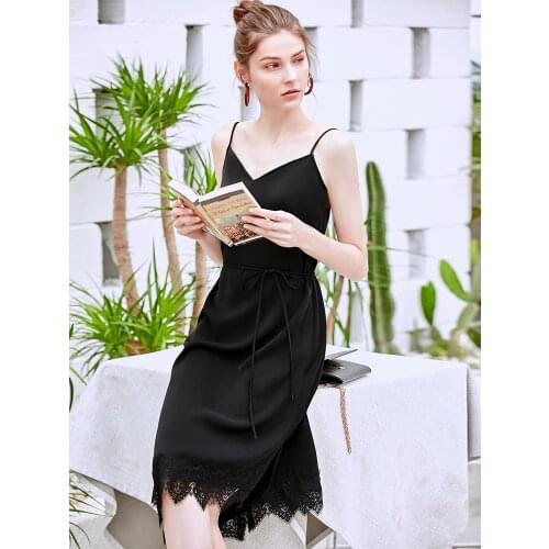 Amii Minimalism Summer Splicing Dress Women Sexy Lace V-neck Irregular Solid Female Party Dresses Beach Dress 11920045