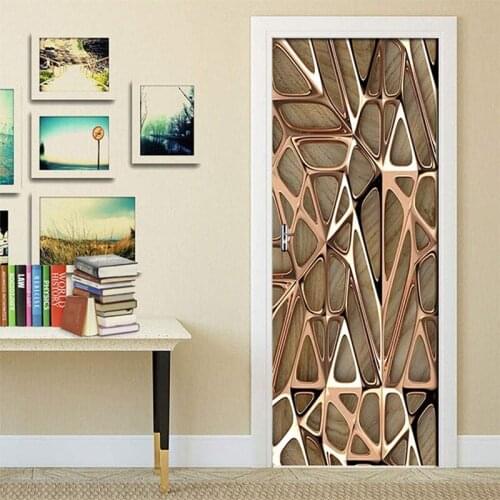 Retro Door Sticker 3D Geometric Polygonal Metal Pattern Wallpapers For Living Room Door Decoration PVC Renew Home Improvement