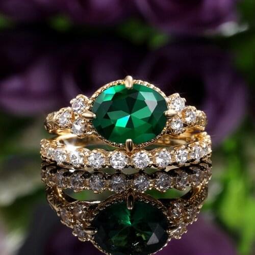 Luxury Bride Oval Zircon Engagement Ring Vintage Female Green Crystal Stone Ring Set Charming Gold Color Wedding Rings For Women