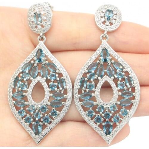 48x29mm SheCrown Long Big Created Tanzanite CZ Silver Earrings for Women Delicate Fine Cut Bridal Jewelry Hot Selling