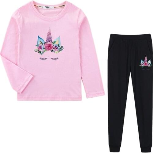 Lolocee long sleeve clothing girls 2pcs set sleeping unicorn spring autumn clothes kids suit girl cotton t-shirt pant