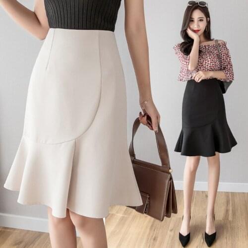 High Waist Fishtail Skirt Women 2019 New Spring Summer Elegant Bodycon Sexy Midi Skirt All-Match Ruffle Bag Hip Skirt Female