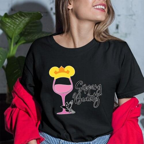Korea Style Black Women T-shirts Fashion Disney Wine Glass Princess Tshirts New T Shirts Female Summer Sleeping Beauty Printing