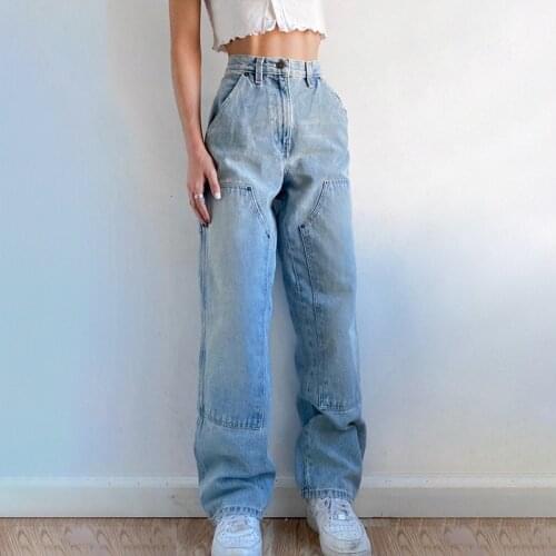 Womens Autumn New Casual Straight Denim Pants 2021 Baggy Jeans Mom Fit High Waist Loose Light Blue Jean Pocket Patchwork Female