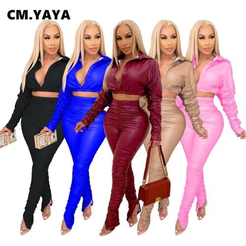CM.YAYA Faux Leather Two 2 Piece Set for Women Streetwear PU Crop Tops Stacked High Waist Pants Matching Set Tracksuit Outfit