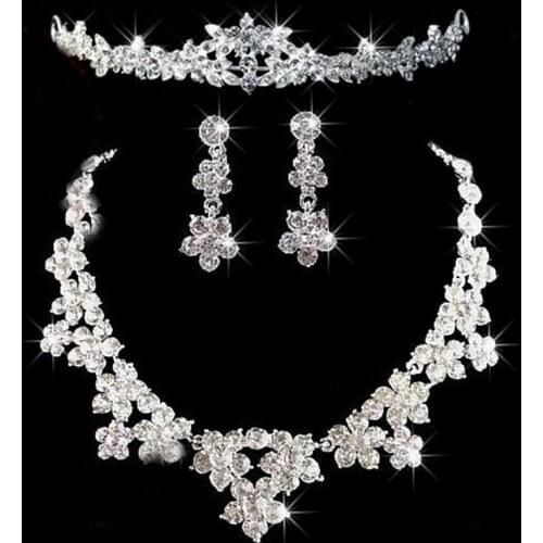 1 Set Crystal Flower Earrings Necklace Headband Jewelry Set White Bride Tiara Bridal Elegant Wedding Gift For Women