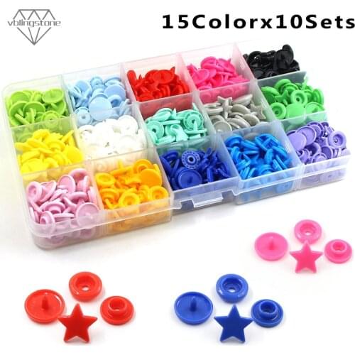 150sets KAM Mix Color Snap Buttons Heart Star Shape Plastic Snap Fasteners Baby ClothesDIY Quilt Cover Sheet Button 12MM 15Color