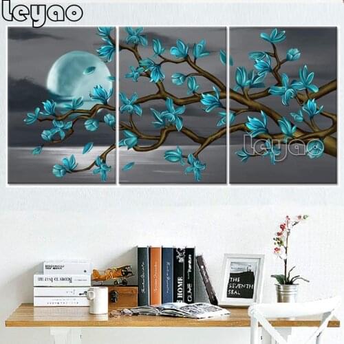 Blue flowers seascape 3pcs Full Square round drill 5D DIY Diamond embroidery Blue Sea Moon Diamond Painting Cross Stitch