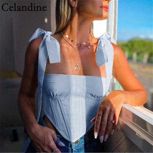 Celandine Spring Autumn Black Sexy Bandage Crop Tops Fashion Casual Sleeveless Camis Ladies Bowknot Corset top Bustier 2020