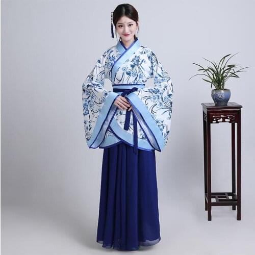 Chinese ancient clothing female traditional dress costume classical elegant blue and white porcelain style hanfu