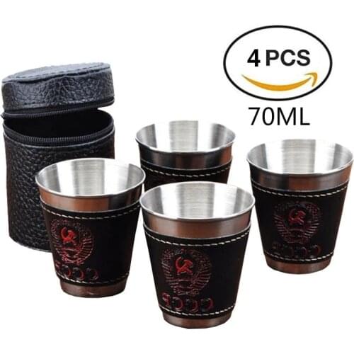 4Pcs Set 70Ml Outdoor Camping Picnic Tableware Travel Cups Set Portable Stainless Steel Wine Beer Cup Whiskey Mugs Pu Leather