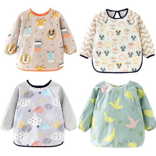 Cute Cartoon Baby Bibs Waterproof Colorful Infant Bib Full Sleeve Gown Children Long Sleeve Apron Coverall Feeding Drawing Bibs
