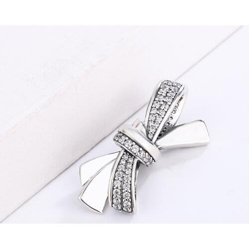 New Bowknot Crystal Zircon Beads 925 Sterling Silver Fit Pandora Original Silver Bracelet Charms For Women Jewelry Making