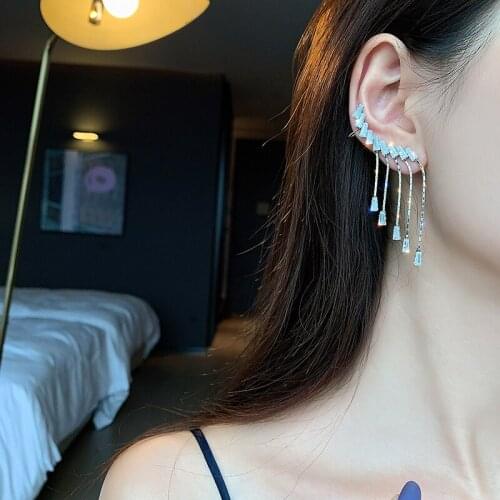 South Koreas new design fashion jewelry fairy shining luxury full zircon ear bone clip chain tassel female temperament earrings