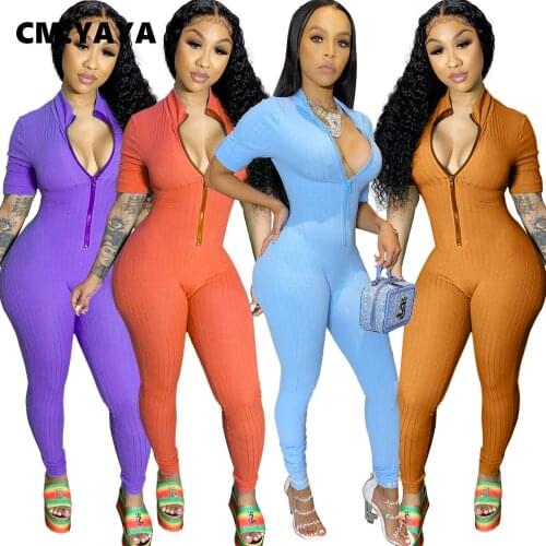 CM.YAYA Autumn Streetwear Knitted Moto Biker Zipper Bodycon Jumpsuit Women Active Ribbed Short Sleeve Romper One Piece Overall