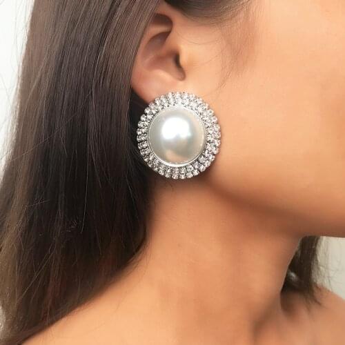Statement Exaggerated Crystal Rhinestone Big Simulated Pearl Stud Earring for Women Girl Bijoux Fashion Jewelry