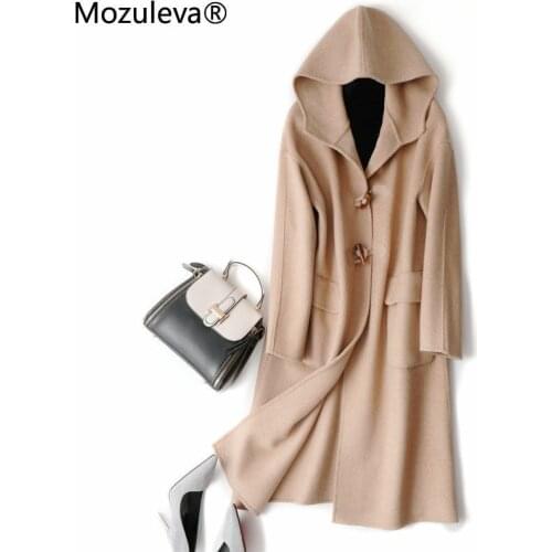 Mozuleva Camel Color Double-Sided Wool Cashmere Coat Womens Autumn Winter Mid-Length Loose Slimming Woolen Coat Wiht Cap