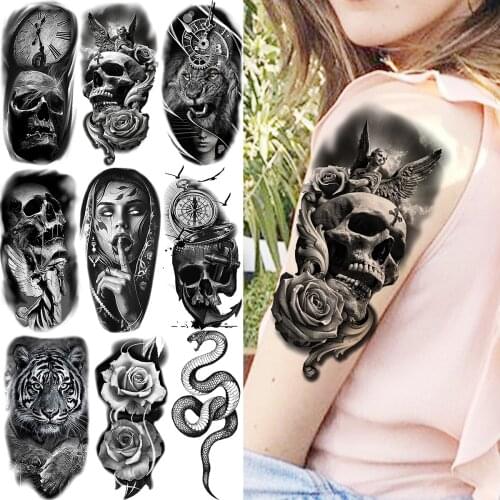 Skull Angel Wing Temporary Tattoos For Women Men Realistic Lion Compass Tiger Snake Flower Fake Tattoo Sticker Arm Tatoos Body