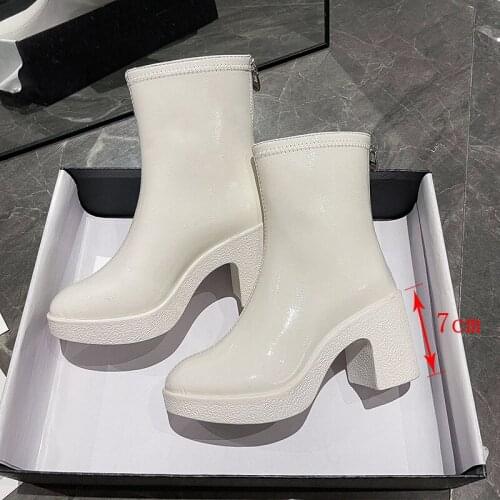 New 2021 Autumn Winter Women Boots Shoes Cow Patent Leather High Heels Platform Black Beige Shoes Woman Dress Party Office Boots