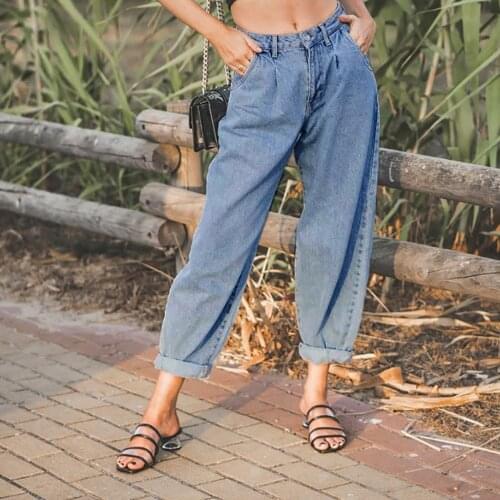 New Arrival High Waist Denim Pants Women Casual Elegant Pockets Pants Female Solid Loose Trousers Female Bottom Ol Pants