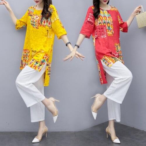 2020 Summer New Womens Two-piece Printed Set Loose Shirt and White Pants Fashion Casual Large Size Wide-leg Pants Suit