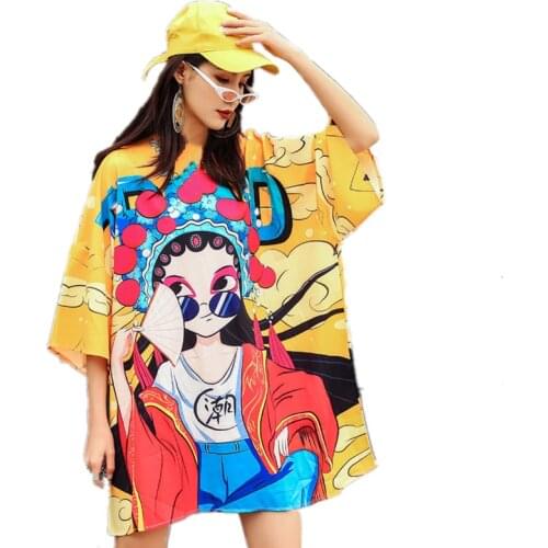 Plus Women Street Fashion Dress O-Neck Loose Mesh Quick-drying Sailor Moon Digital Print Hollow Out Oversize Long Shirt Dresses