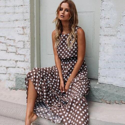 Sleeveless Brown Polka Dot Maxi Dress Womens Summer Dresses 2021 Vintage Sundress A Line Boho Elegant Loose Casual Long Dress