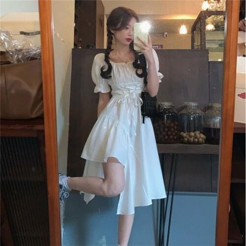 Summer New French Style Retro Square Collar Women Dress Irregular Short Sleeve Female Dresses