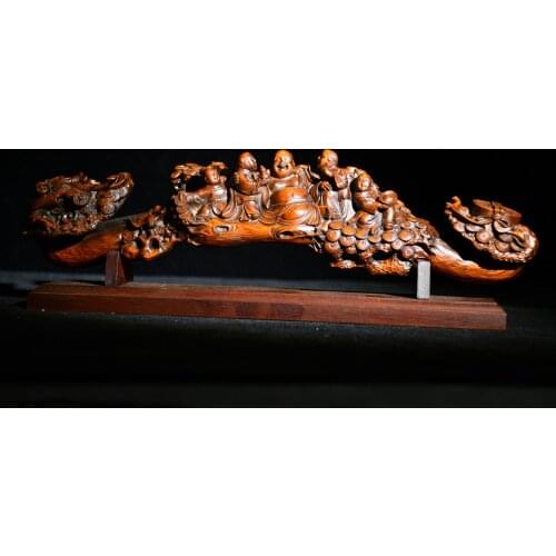 12" China Lucky Old Boxwood Hand-carved Five Buddhas statue Maitreya Ganoderma Lucidum Office Ornaments Lucky Town House